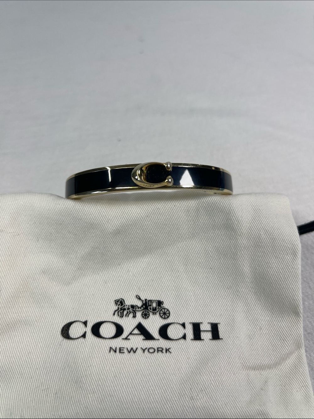 Coach Black Enamel Gold Tone Signature C Hinged Bangle Bracelet